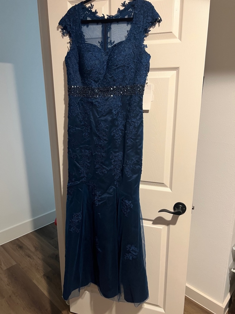 Elegant Navy Lace Appliqué Evening Gown
